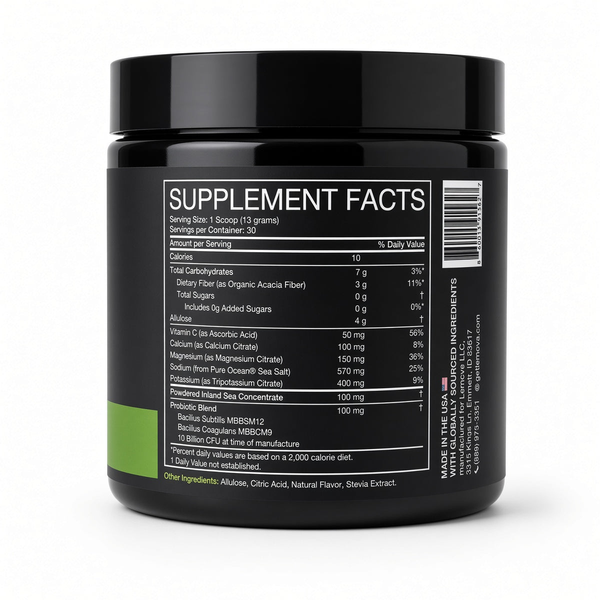 Supplement Facts label on Lemova Bio+Mineral Hydration, Key Lime flavor.