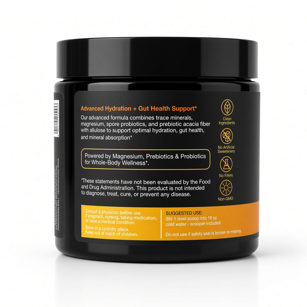 Side ingredients and directions label on Lemova Bio+Mineral Hydration, Orange Creamsicle flavor.