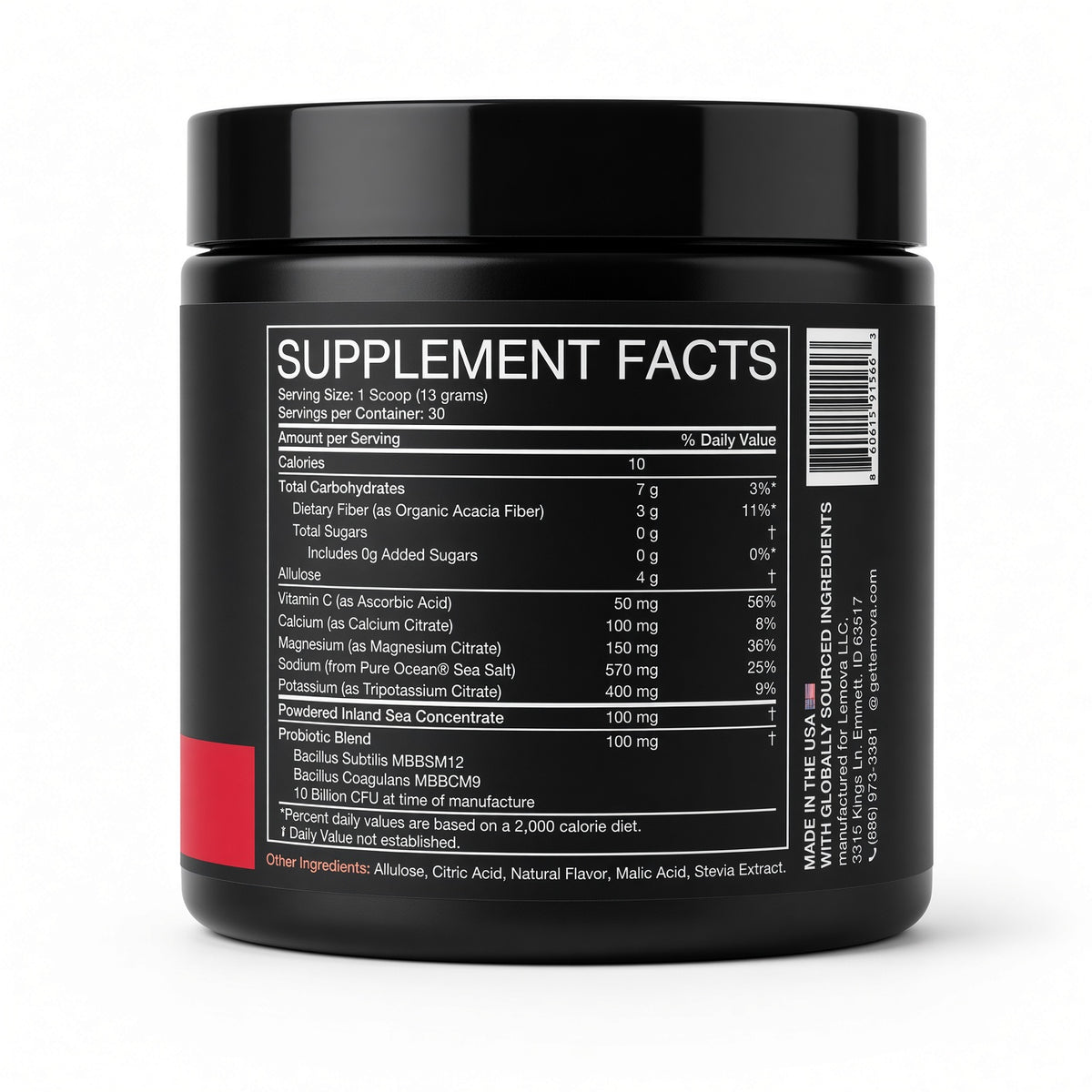 Supplement Facts label on Lemova Bio+Mineral Hydration, Strawberry Lemonade flavor.