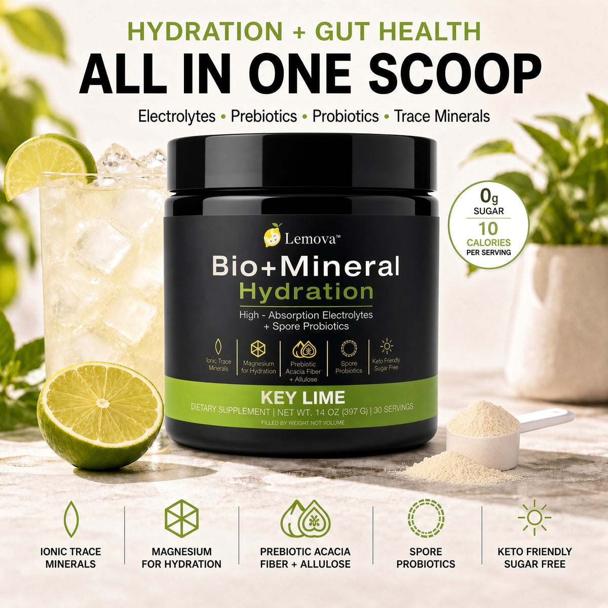 Jar of Lemova Bio+Mineral Hydration in Key Lime with an iced drink, lime slices, and a scoop.